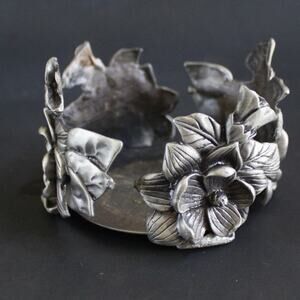 Vintage Pewter Floral Candle Holder 3x4 Ornate Metal Flower Decor